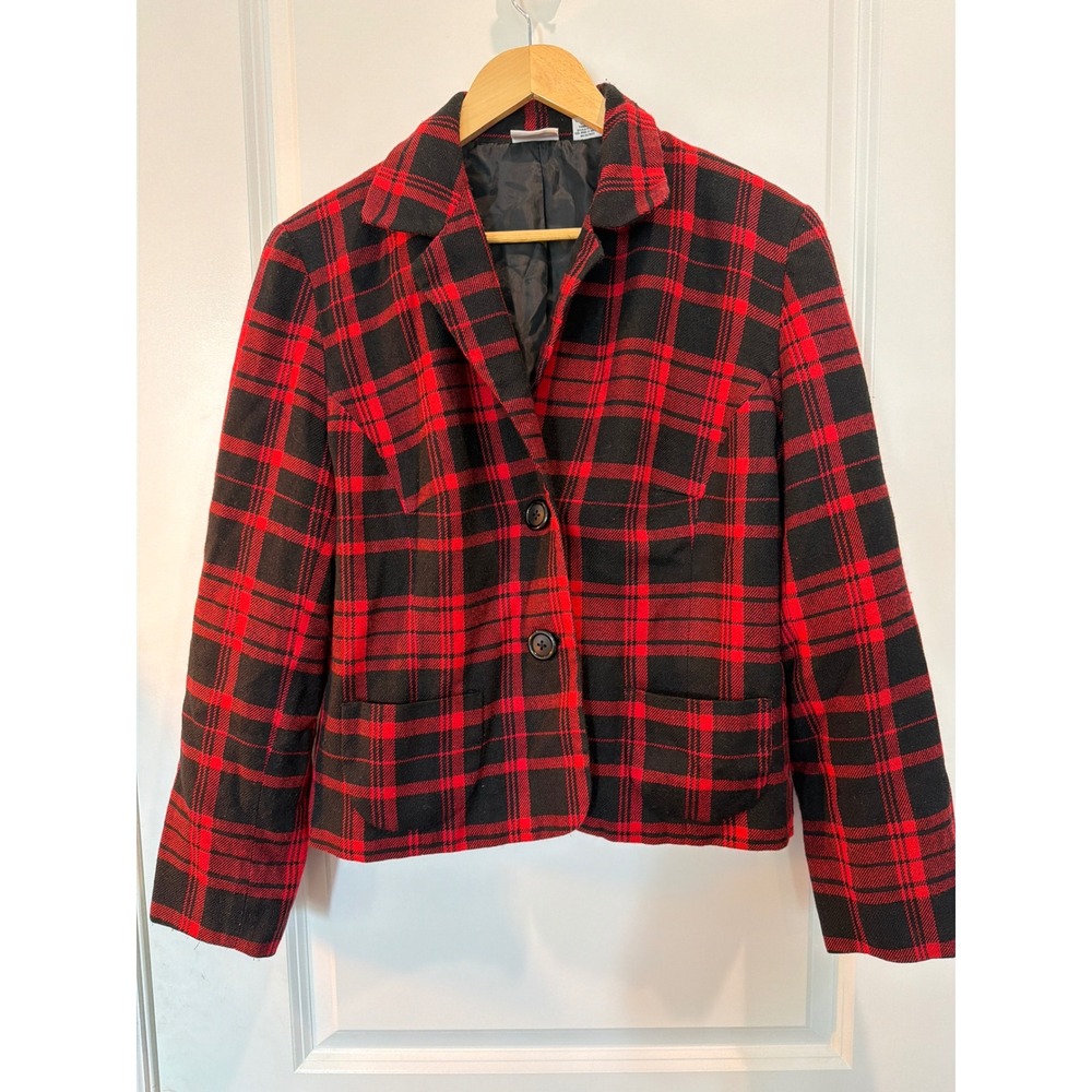 Kim Rogers Womens Red Black Plaid Wool Blend Blazer Jacket Size 12 Holiday
